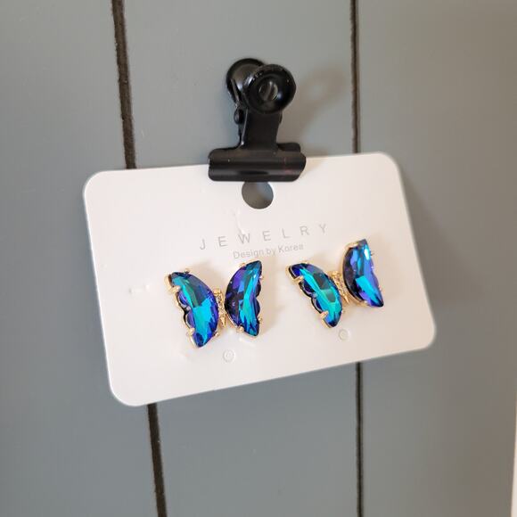 Blue Green Crystal Butterfly Stud Earrings Set of Korea Design, Gift Bag - Picture 14 of 14